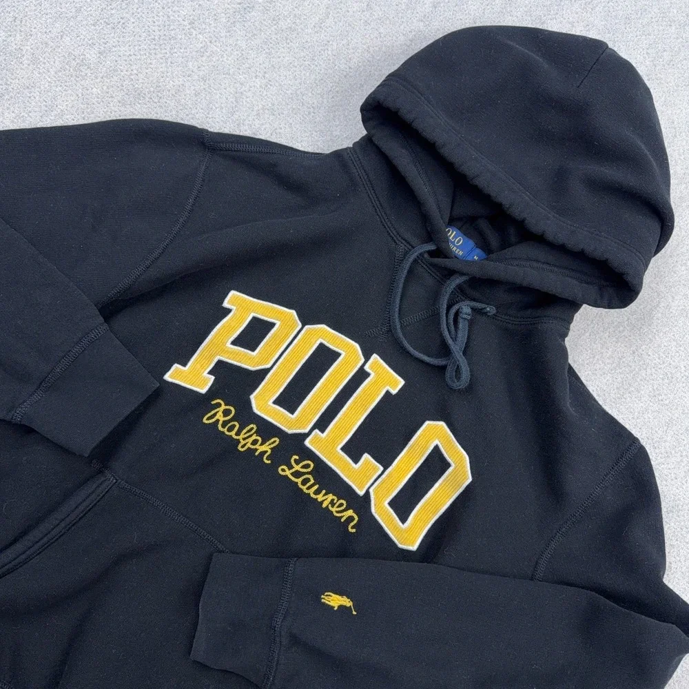 Polo Ralph Lauren Hoodie Men Medium Black Yellow Sweatshirt PRL Cord Spellout